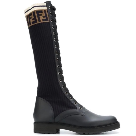 Fendi Shoes - Fendi Rockoko Combat Boots in Black Knee high